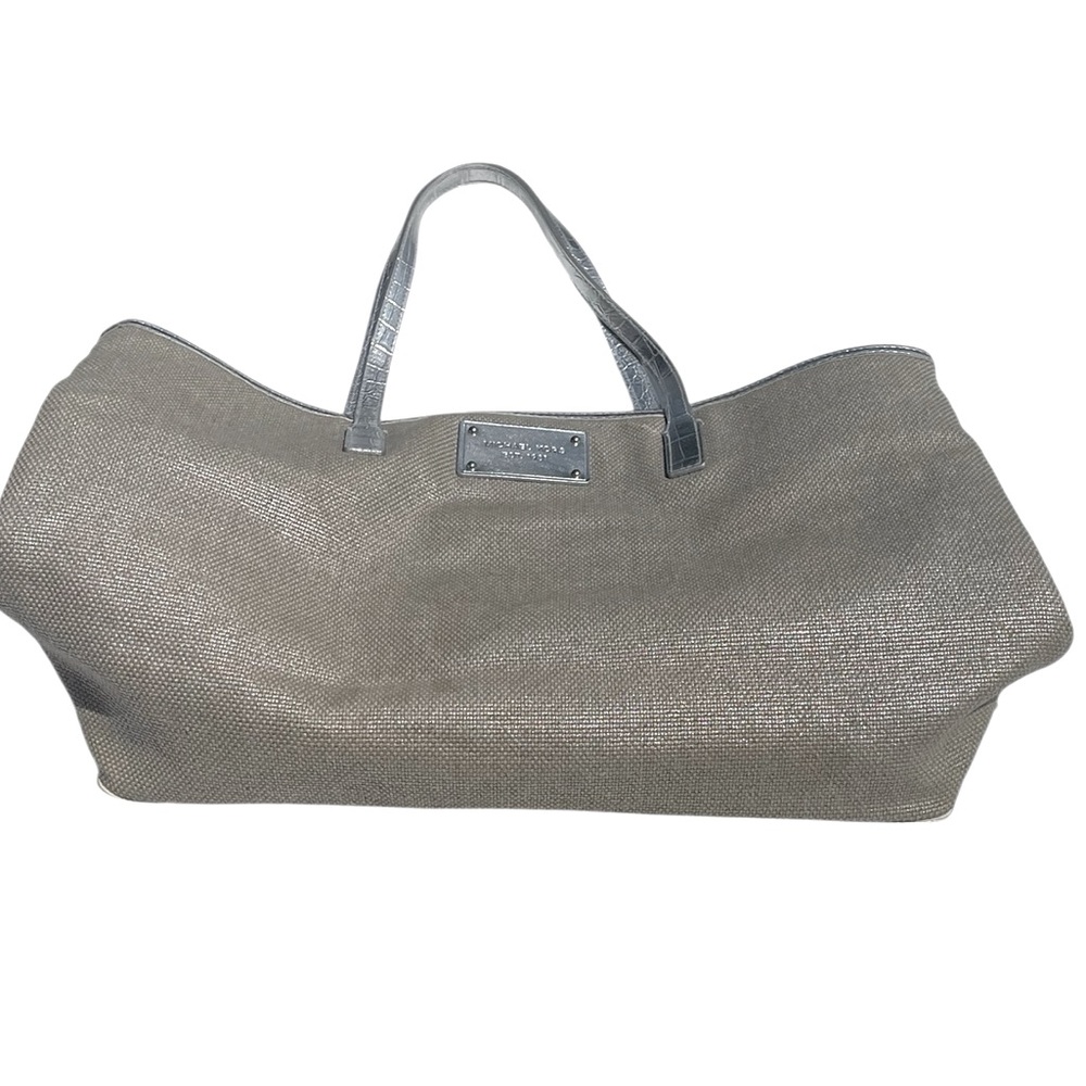 Michael Kors silver tan cotton tweed bag double handles 17 x 11 inches SD 19 “